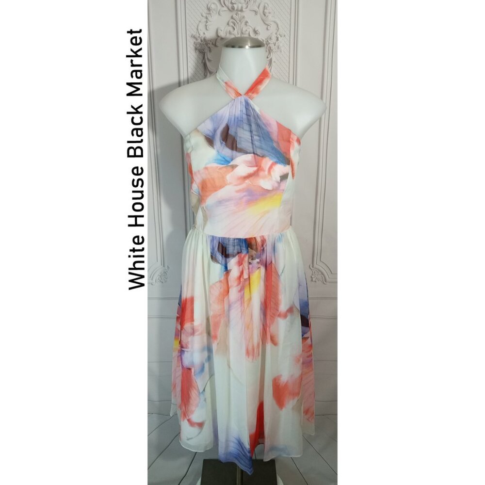 ❌SOLD❌White House Black Market Watercolor Halter Chiffon Dress Fit & Flare